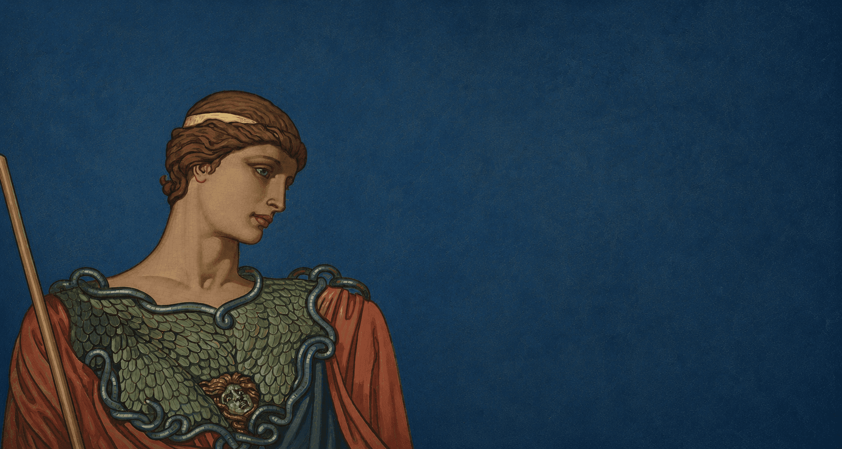A classical painted figure of Minerva, Roman goddess of wisdom, wearing a scaled aegis and red cloak against a deep blue ground.